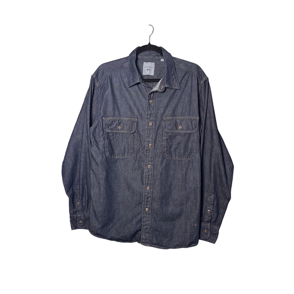 JW Anderson Uniqlo Mens Denim Work Shirt L Blue Embroidered Logo Minimalist
